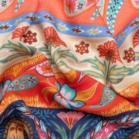 Viscose and Linen Twill Print – Blue and Orange Paisley and Floral Stripes – Mood Exclusive Botanical Bliss Viscose and Linen Twill Print – Blue and Orange Paisley and Floral Stripes – Mood Exclusive Botanical Bliss