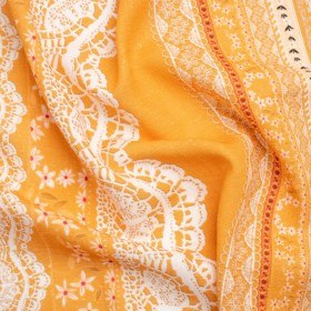 Viscose and Linen Woven Print – Yellow and White Lace and Floral Stripes – Mood Exclusive Lace and Ribbons Viscose and Linen Woven Print – Yellow and White Lace and Floral Stripes – Mood Exclusive Lace and Ribbons