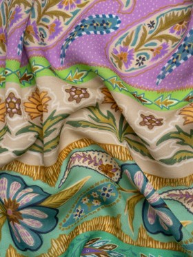 Viscose and Linen Twill Print – Purple and Green Paisley and Floral Stripes – Mood Exclusive Botanical Bliss Viscose and Linen Twill Print – Purple and Green Paisley and Floral Stripes – Mood Exclusive Botanical Bliss