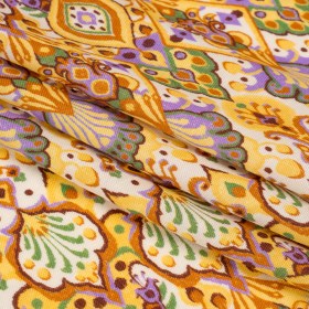 Viscose and Linen Twill Print – Yellow and Orange Stylized Flowers and Chevrons – Mood Exclusive Fashion Floral Viscose and Linen Twill Print – Yellow and Orange Stylized Flowers and Chevrons – Mood Exclusive Fashion Floral