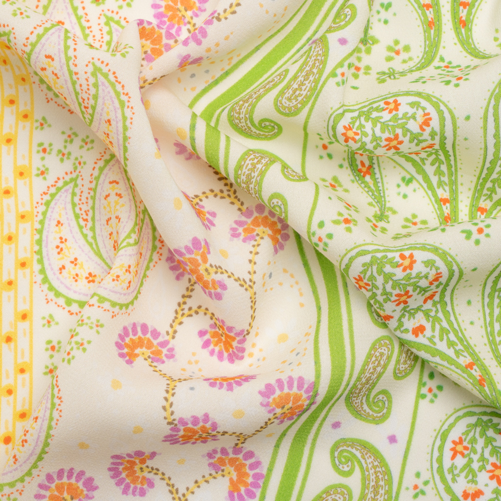 Viscose Crepe Print – Yellow, Lime Green and Pink Floral and Paisley Stripes – Mood Exclusive Lessons in Lilac Viscose Crepe Print – Yellow, Lime Green and Pink Floral and Paisley Stripes – Mood Exclusive Lessons in Lilac