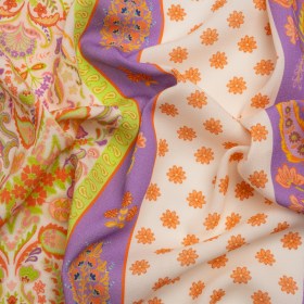 Viscose Crepe Print – Cream, Purple and Lime Green Floral Stripes – Mood Exclusive Spring Fling Viscose Crepe Print – Cream, Purple and Lime Green Floral Stripes – Mood Exclusive Spring Fling