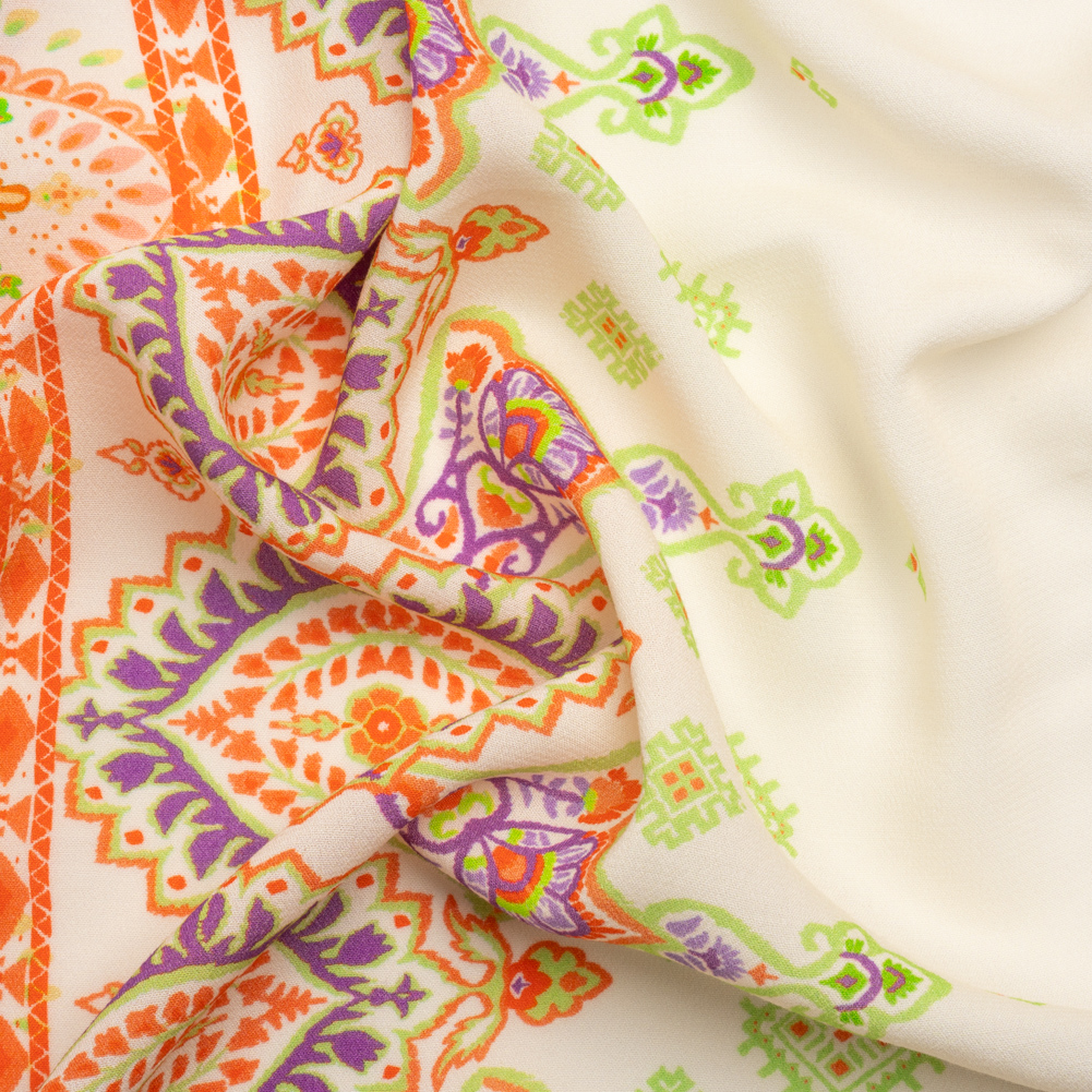 Viscose Crepe Panel – White, Orange and Purple Paisley Squares – Mood Exclusive Heavenly Day Viscose Crepe Panel – White, Orange and Purple Paisley Squares – Mood Exclusive Heavenly Day