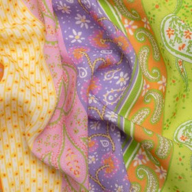 Viscose Crepe Print – Purple, Lime Green and Orange Floral and Paisley Stripes – Mood Exclusive Lessons in Lilac Viscose Crepe Print – Purple, Lime Green and Orange Floral and Paisley Stripes – Mood Exclusive Lessons in Lilac