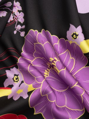 Recycled Polyester Twill – Black, Red and Purple Floral – Japanese Daydreams Print – Mood Exclusive Groove Collection Recycled Polyester Twill – Black, Red and Purple Floral – Japanese Daydreams Print – Mood Exclusive Groove Collection