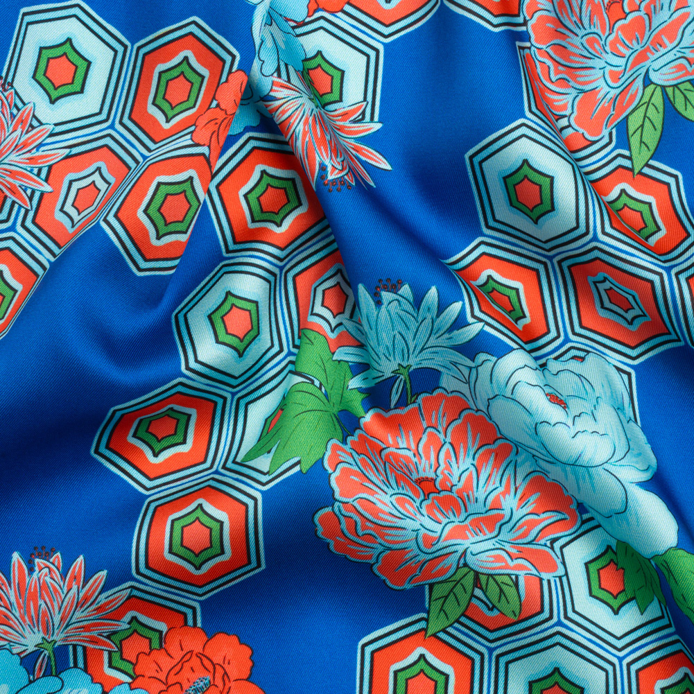 Recycled Polyester Twill Print – Blue, Green and Orange Honeycomb Floral – Mood Exclusive Rose and Honey Recycled Polyester Twill Print – Blue, Green and Orange Honeycomb Floral – Mood Exclusive Rose and Honey