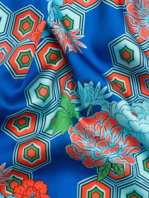 Recycled Polyester Twill Print – Blue, Green and Orange Honeycomb Floral – Mood Exclusive Rose and Honey Recycled Polyester Twill Print – Blue, Green and Orange Honeycomb Floral – Mood Exclusive Rose and Honey