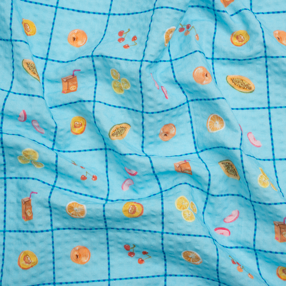 Cotton and Viscose Striped Seersucker Print – Blue Windowpane Checks and Fruit – Mood Exclusive Fruit Juice Jackpot Cotton and Viscose Striped Seersucker Print – Blue Windowpane Checks and Fruit – Mood Exclusive Fruit Juice Jackpot