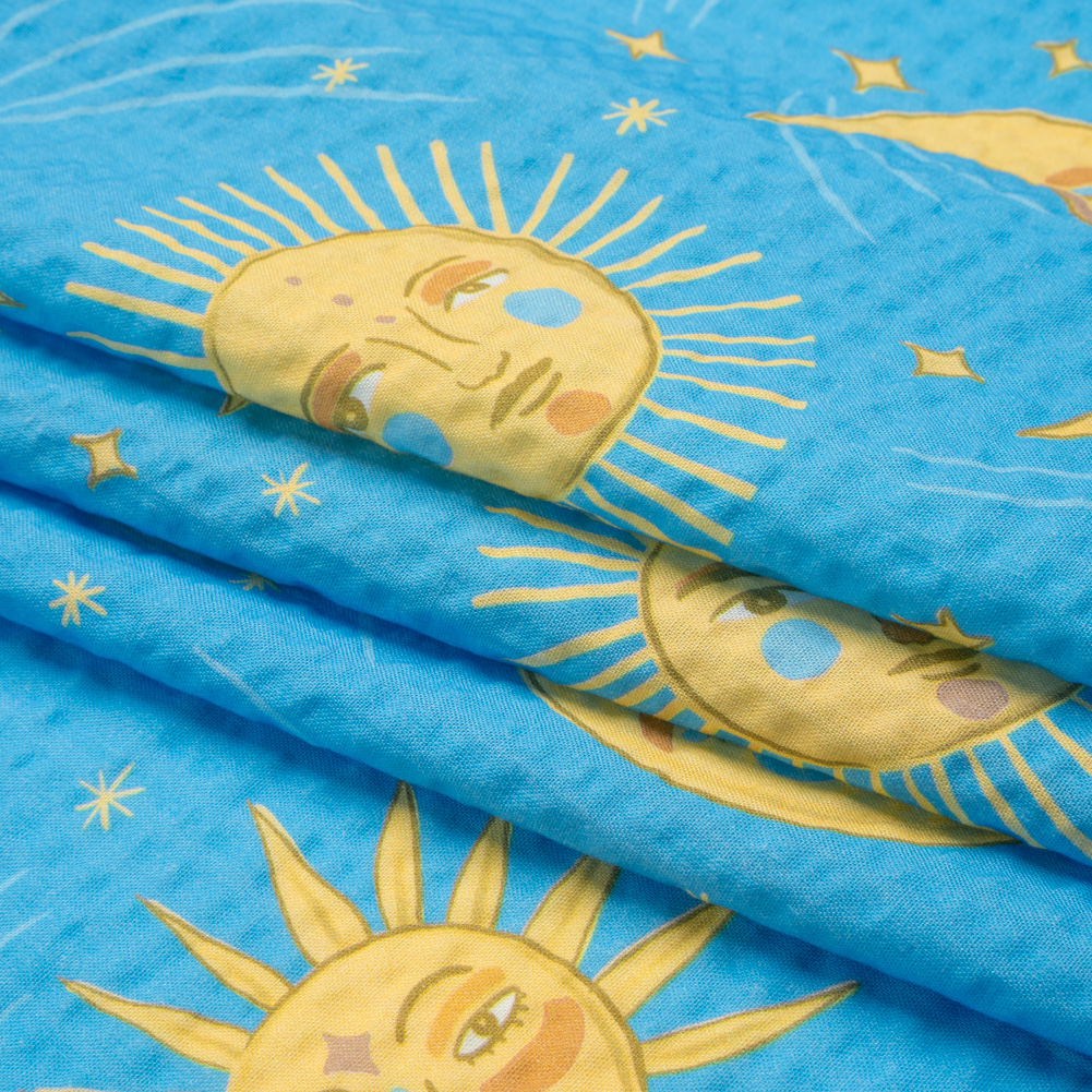 Cotton and Viscose Striped Seersucker Print – Sky Blue Suns and Moons – Mood Exclusive Friendly Faces Cotton and Viscose Striped Seersucker Print – Sky Blue Suns and Moons – Mood Exclusive Friendly Faces