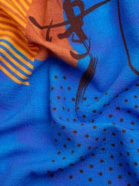 Mood Exclusive Blue Calligraph Creator Stretch Polyester Seersucker Mood Exclusive Blue Calligraph Creator Stretch Polyester Seersucker