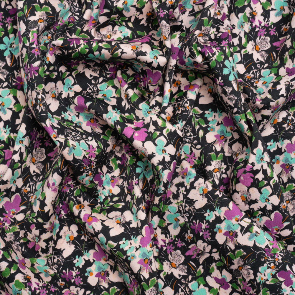 Stretch Cotton and Viscose Sateen Print – Magenta, Baby Blue and Green Floral – Mood Exclusive Meandering at Midnight Stretch Cotton and Viscose Sateen Print – Magenta, Baby Blue and Green Floral – Mood Exclusive Meandering at Midnight