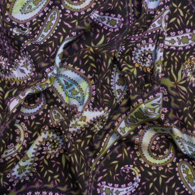 Stretch Cotton and Viscose Sateen Print – Black, Green and Purple Paisley and Leaves – Mood Exclusive Leafy Life Stretch Cotton and Viscose Sateen Print – Black, Green and Purple Paisley and Leaves – Mood Exclusive Leafy Life