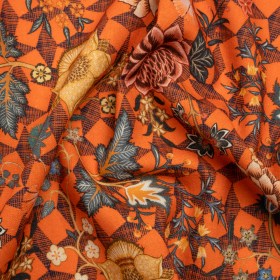 Linen and Rayon Woven Print – Orange and Blue Diamonds and Flowers – Mood Exclusive Rattan Roses Linen and Rayon Woven Print – Orange and Blue Diamonds and Flowers – Mood Exclusive Rattan Roses