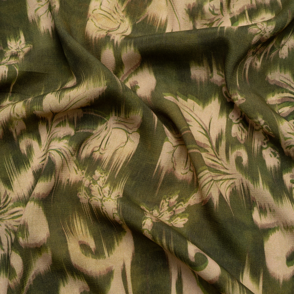 Sustainable Viscose Crepe Print – Olive Green and Beige Ikat Floral – Mood Exclusive Harvest Moon Sustainable Viscose Crepe Print – Olive Green and Beige Ikat Floral – Mood Exclusive Harvest Moon
