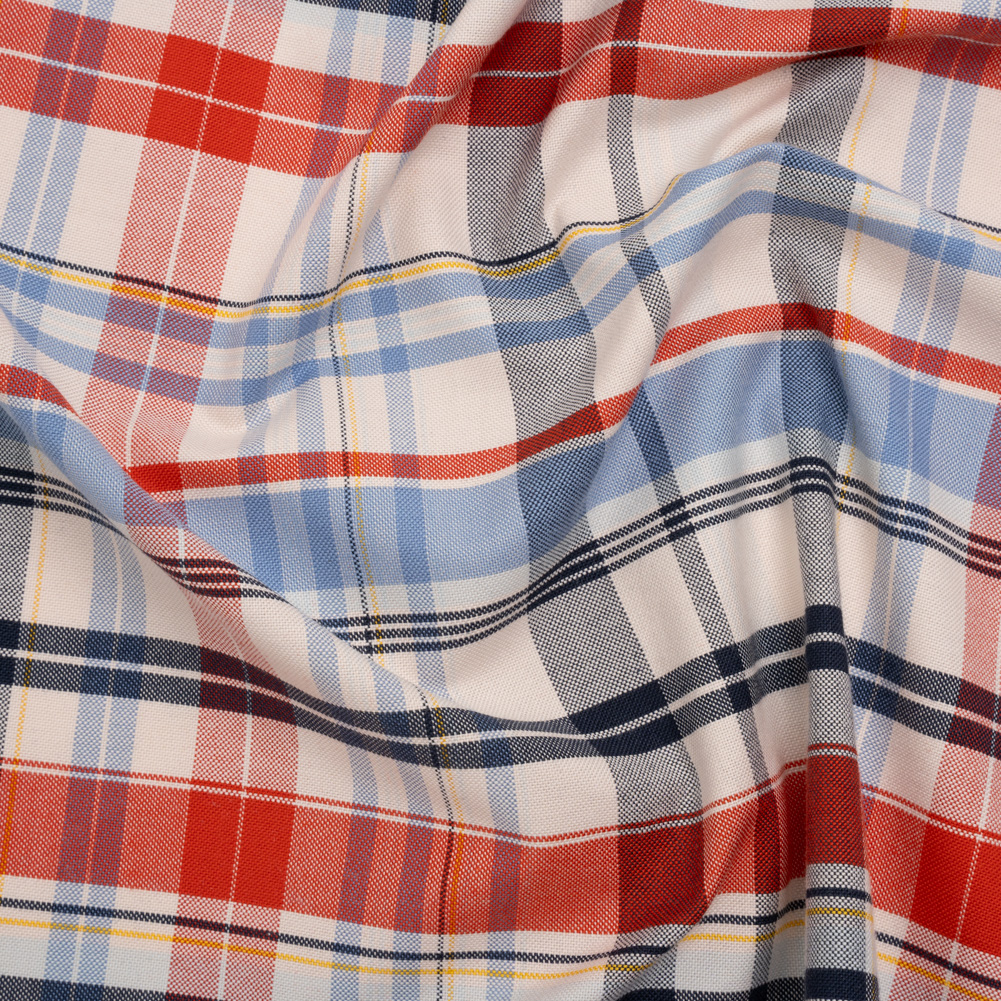 Cotton Oxford Shirting – Cream, Red and Blue Plaid – Deadstock Cotton Oxford Shirting – Cream, Red and Blue Plaid – Deadstock