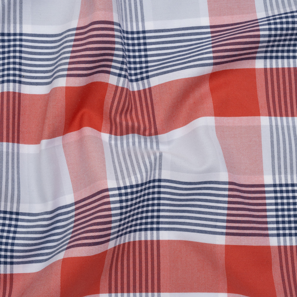 Cotton Oxford Shirting – Sky Blue, Navy and Light Red Plaid – Deadstock Cotton Oxford Shirting – Sky Blue, Navy and Light Red Plaid – Deadstock