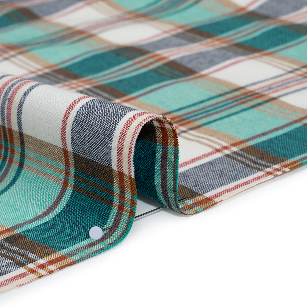 Brushed Cotton Shirting - Aqua Blue, Tan and Red Plaid - Deadstock