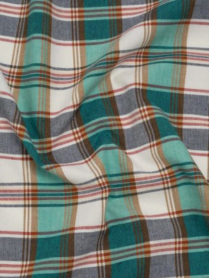 Brushed Cotton Shirting – Aqua Blue, Tan and Red Plaid – Deadstock Brushed Cotton Shirting – Aqua Blue, Tan and Red Plaid – Deadstock