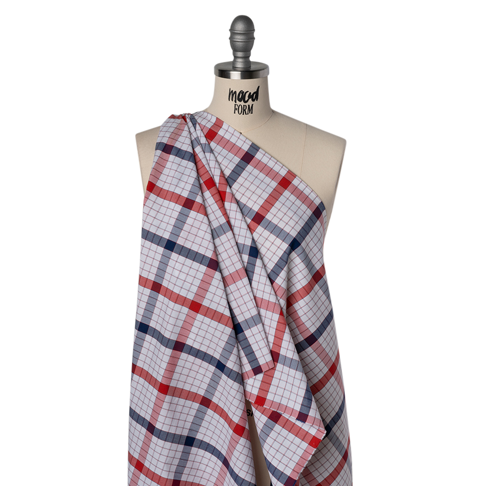 Cotton Shirting - Red, Blue and White Checked Plaid - Deadstock