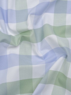 Cotton Oxford Shirting – Light Blue, Sage Green and White Big Tattersall Checks – Deadstock Cotton Oxford Shirting – Light Blue, Sage Green and White Big Tattersall Checks – Deadstock