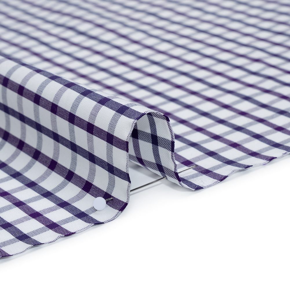 Cotton Twill Shirting - Navy Blue, Purple and White Tattersall Check - Designer Deadstock