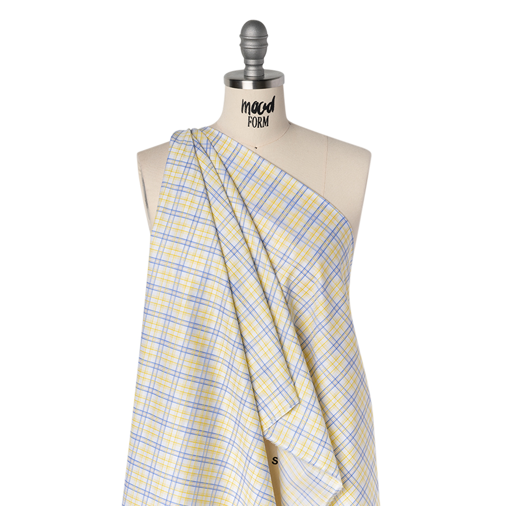 Cotton Twill Shirting - Sky Blue, Sunshine Yellow and White Plaid - Deadstock