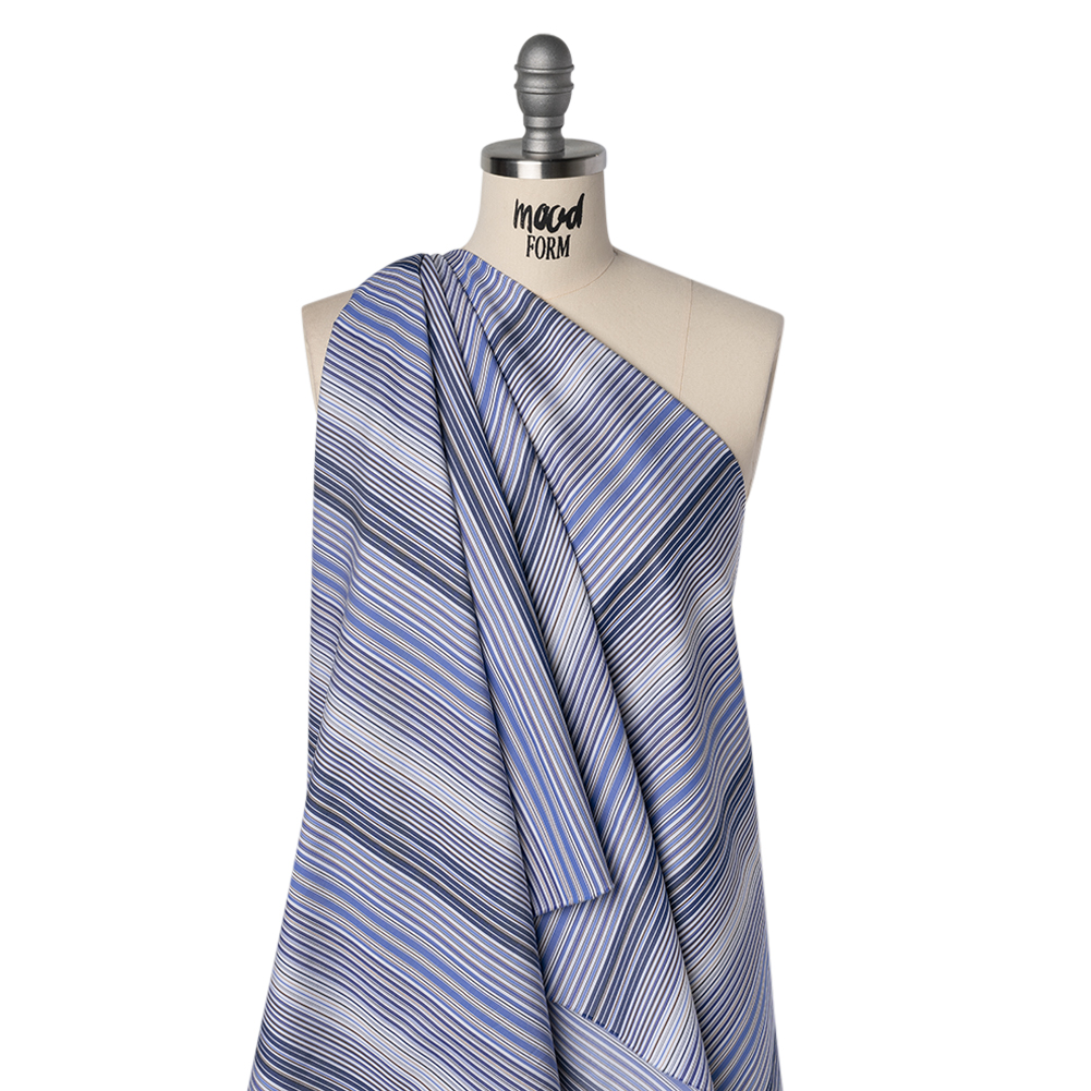 Cotton Shirting – Blue, Brown and White Barcode Stripes – Designer Deadstock Cotton Shirting – Blue, Brown and White Barcode Stripes – Designer Deadstock