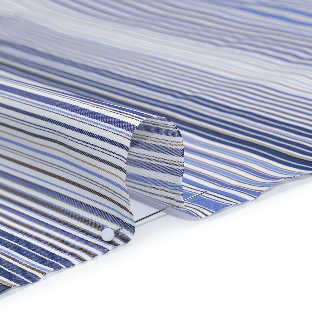 Cotton Shirting - Blue, Brown and White Barcode Stripes - Designer Deadstock