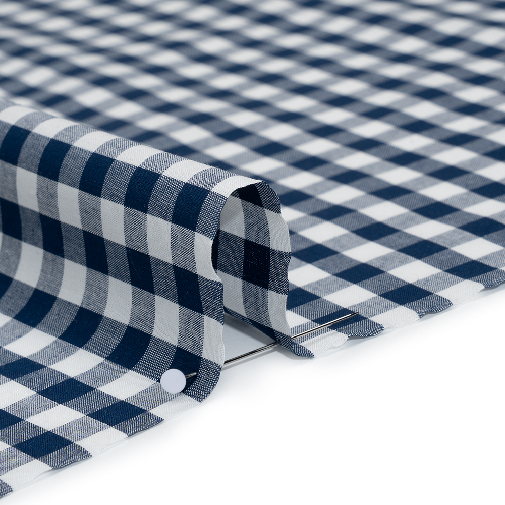 Cotton Gingham Shirting - Dark Teal Blue and White Checks - Deadstock