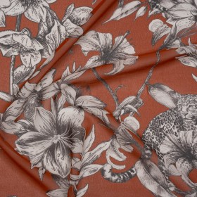 Silk Chiffon Print Made in Italy – Terracotta Brown, Black and Light Gray Flowers and Jungle Cats – Deadstock Silk Chiffon Print Made in Italy – Terracotta Brown, Black and Light Gray Flowers and Jungle Cats – Deadstock