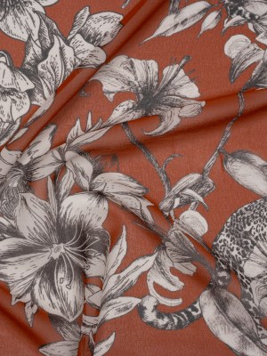 Silk Chiffon Print Made in Italy – Terracotta Brown, Black and Light Gray Flowers and Jungle Cats – Deadstock Silk Chiffon Print Made in Italy – Terracotta Brown, Black and Light Gray Flowers and Jungle Cats – Deadstock