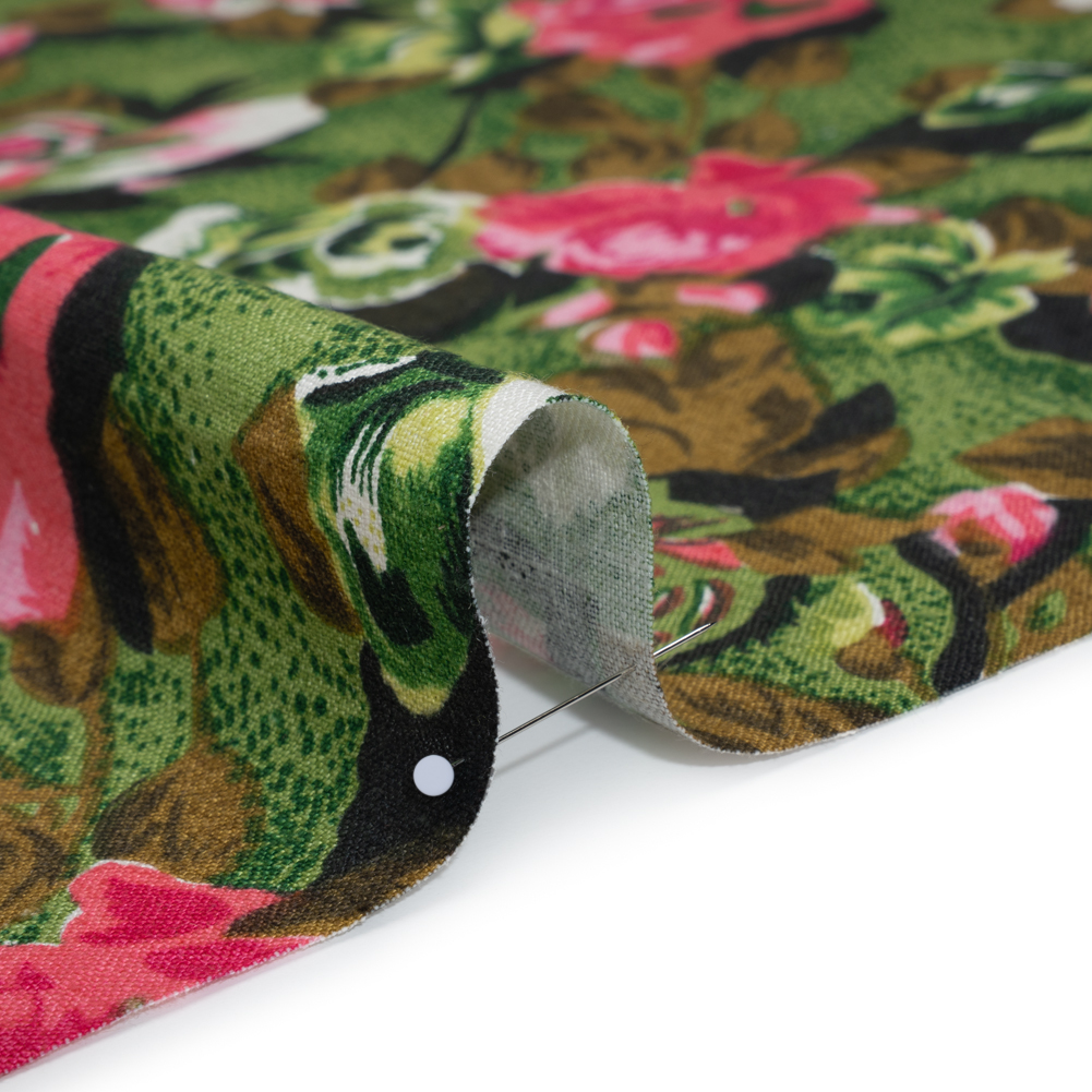 Medium Weight Linen Woven Print – Pink, Green and Brown Roses Medium Weight Linen Woven Print – Pink, Green and Brown Roses