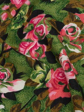 Medium Weight Linen Woven Print – Pink, Green and Brown Roses Medium Weight Linen Woven Print – Pink, Green and Brown Roses