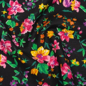 Medium Weight Linen Woven Print – Black, Pink and Purple Floral Medium Weight Linen Woven Print – Black, Pink and Purple Floral