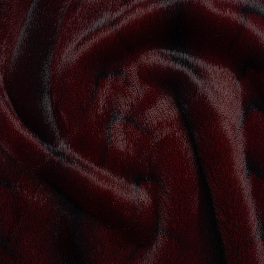 Plush Short Pile Recycled Polyester Faux Fur – Burgundy and Black Woodgrain Print Plush Short Pile Recycled Polyester Faux Fur – Burgundy and Black Woodgrain Print