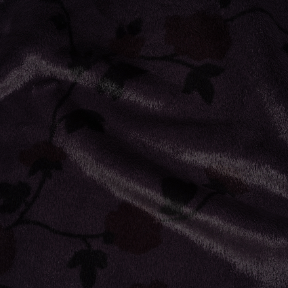 Plush Short Pile Recycled Polyester Faux Fur – Dark Purple, Charcoal and Burgundy Floral Print Plush Short Pile Recycled Polyester Faux Fur – Dark Purple, Charcoal and Burgundy Floral Print