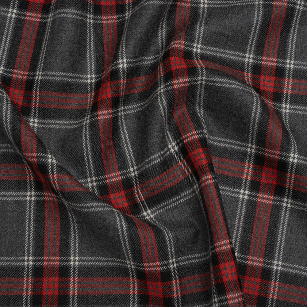 Virgin Wool Twill Made in Italy – Heathered Gray and Red Plaid Virgin Wool Twill Made in Italy – Heathered Gray and Red Plaid