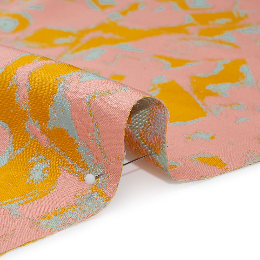 Luxury Polyester Brocade – Sparkling Peach, Golden Yellow and Sky Blue Abstract Markmaking Luxury Polyester Brocade – Sparkling Peach, Golden Yellow and Sky Blue Abstract Markmaking
