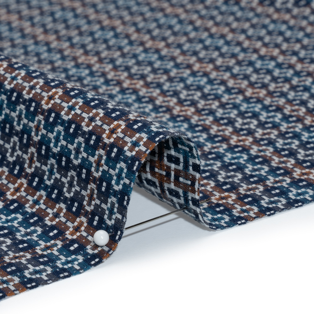 Geometric Cotton Dobby – Blue, Brown and White Boxes on Stripes – Deadstock Geometric Cotton Dobby – Blue, Brown and White Boxes on Stripes – Deadstock