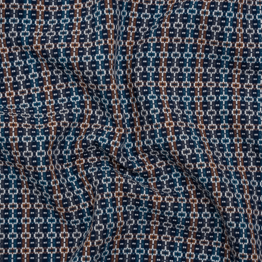 Geometric Cotton Dobby – Blue, Brown and White Boxes on Stripes – Deadstock Geometric Cotton Dobby – Blue, Brown and White Boxes on Stripes – Deadstock