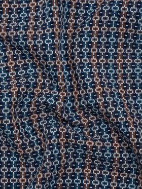 Geometric Cotton Dobby – Blue, Brown and White Boxes on Stripes – Deadstock Geometric Cotton Dobby – Blue, Brown and White Boxes on Stripes – Deadstock