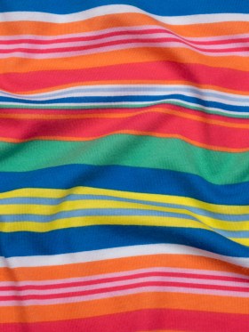 Cotton and Viscose Jersey Print – Hot Pink, Orange and Blue Railroaded Barcode Stripes – Deadstock Cotton and Viscose Jersey Print – Hot Pink, Orange and Blue Railroaded Barcode Stripes – Deadstock