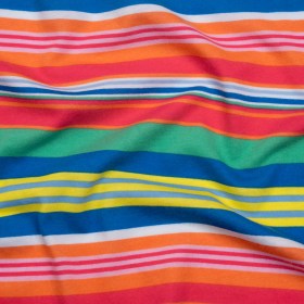 Cotton and Viscose Jersey Print – Hot Pink, Orange and Blue Railroaded Barcode Stripes – Deadstock Cotton and Viscose Jersey Print – Hot Pink, Orange and Blue Railroaded Barcode Stripes – Deadstock