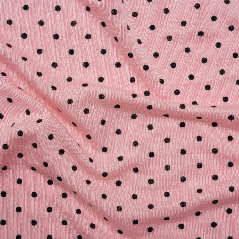 Stretch Rayon Jersey Print – Pink and Black Polka Dots – Deadstock Stretch Rayon Jersey Print – Pink and Black Polka Dots – Deadstock