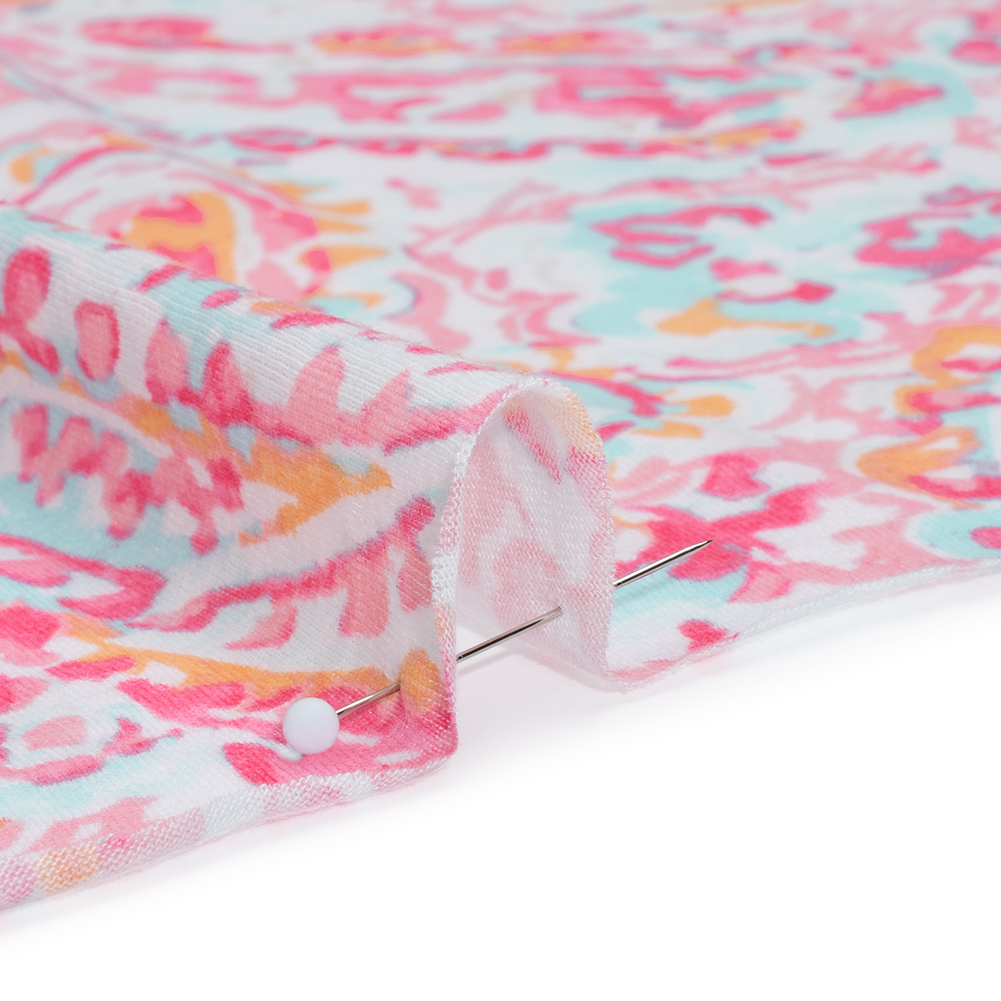 Cotton and Viscose Jersey Print - Pink, Creamsicle and Sky Blue Painterly Paisley - Deadstock