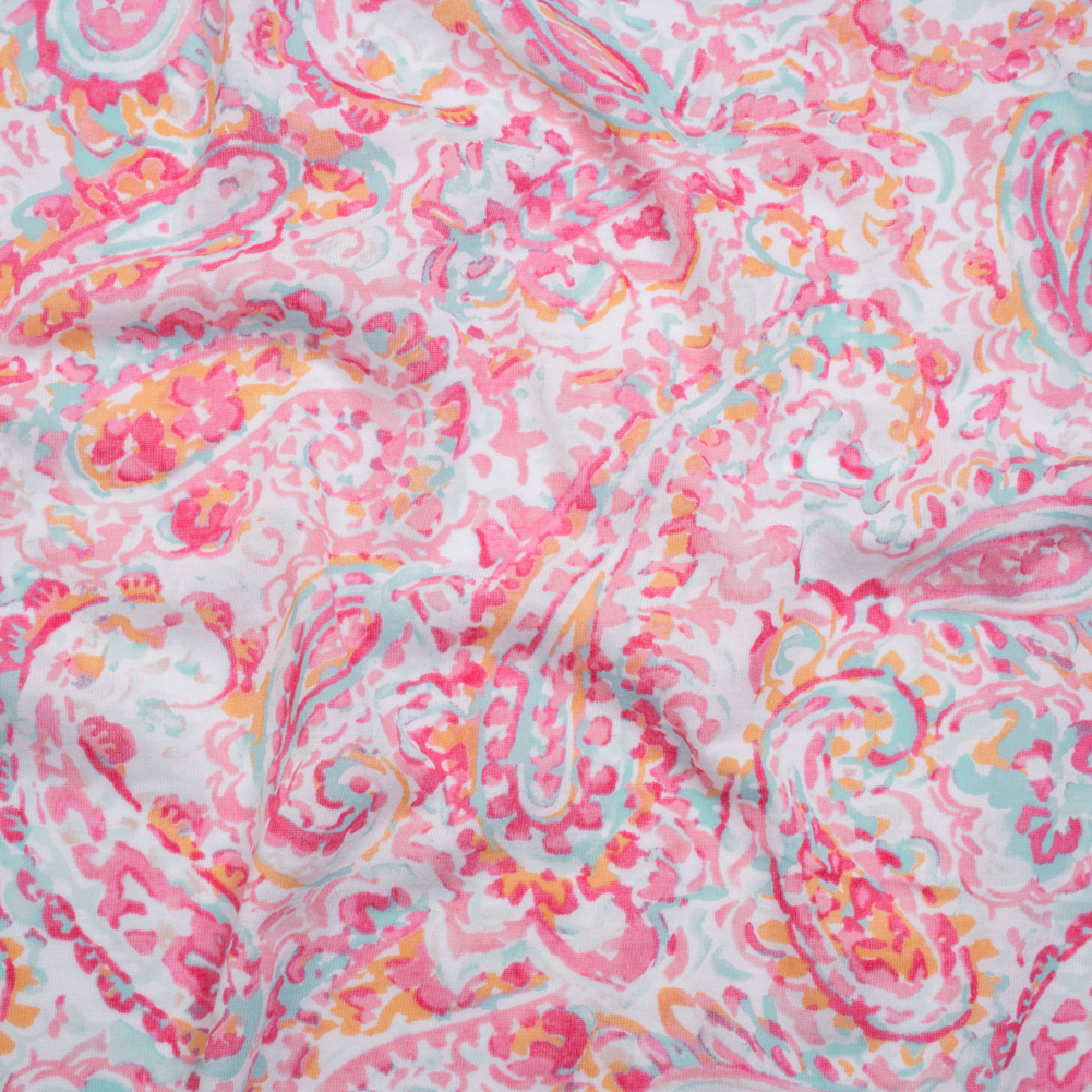 Cotton and Viscose Jersey Print – Pink, Creamsicle and Sky Blue Painterly Paisley – Deadstock Cotton and Viscose Jersey Print – Pink, Creamsicle and Sky Blue Painterly Paisley – Deadstock