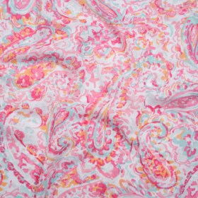 Cotton and Viscose Jersey Print – Pink, Creamsicle and Sky Blue Painterly Paisley – Deadstock Cotton and Viscose Jersey Print – Pink, Creamsicle and Sky Blue Painterly Paisley – Deadstock