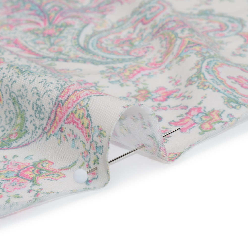 Cotton and Polyester Jersey Print - Ivory, Pastel Green and Pink Delicate Paisley - Deadstock