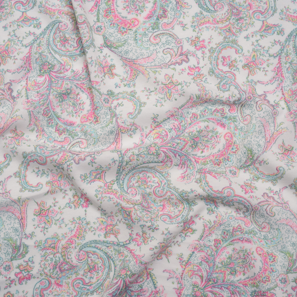 Cotton and Polyester Jersey Print – Ivory, Pastel Green and Pink Delicate Paisley – Deadstock Cotton and Polyester Jersey Print – Ivory, Pastel Green and Pink Delicate Paisley – Deadstock