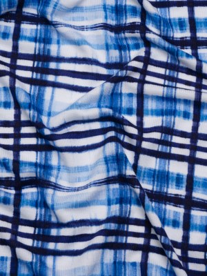 Stretch Rayon Jersey Print – Navy, Blue and White Painterly Plaid – Deadstock Stretch Rayon Jersey Print – Navy, Blue and White Painterly Plaid – Deadstock